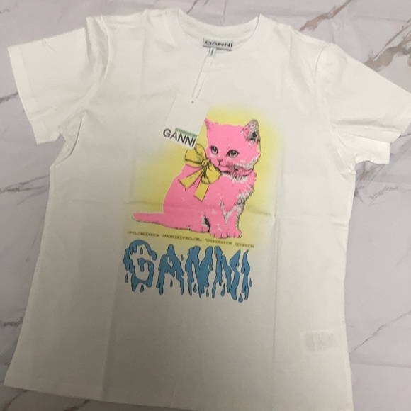 Ganni White Pink kitten Graphic T-shirt | NWT Cute Punk streetwear size Small - Picture 3 of 6